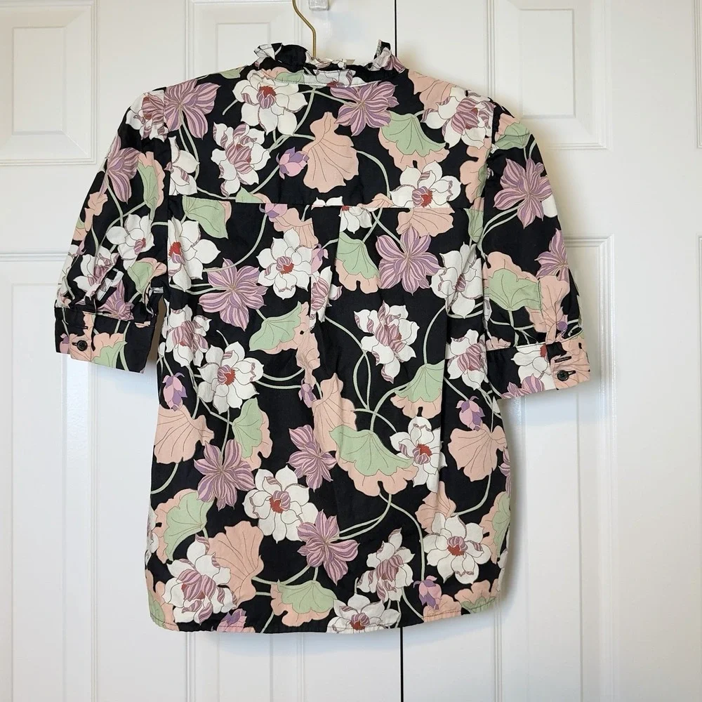 Who What Wear Black Pink Green Floral Blouse Puff Sleeve Ruffle Collar Women's S